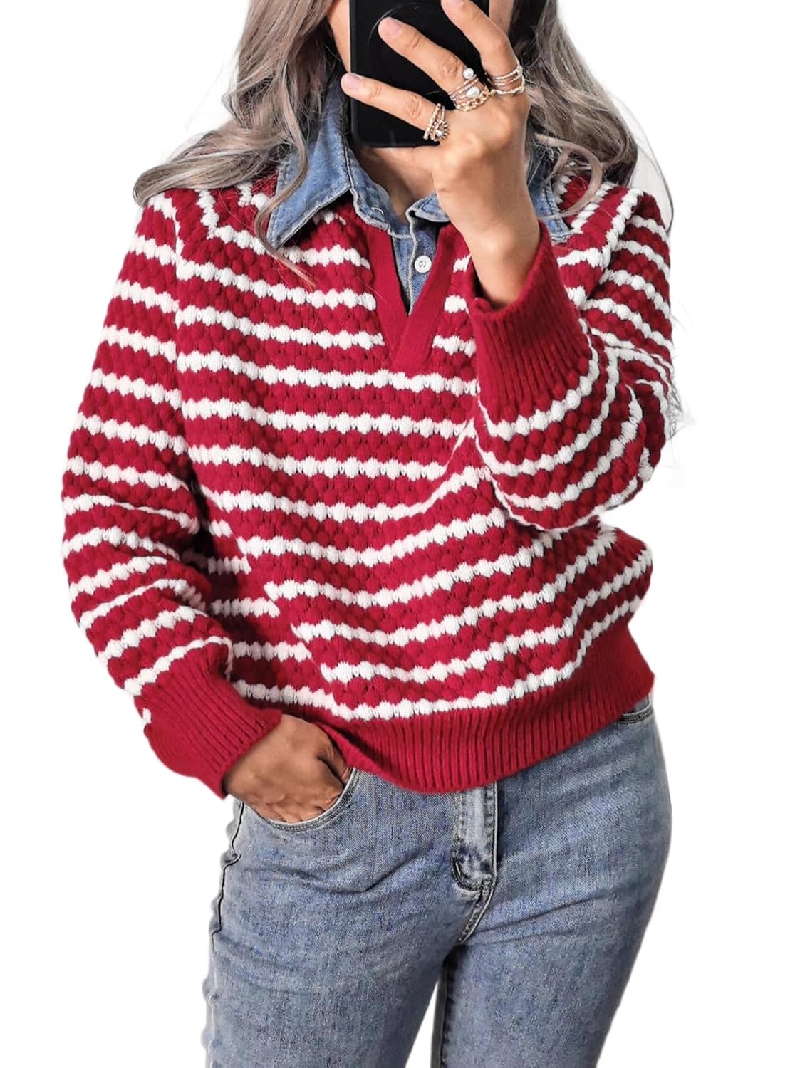 JYAOVO Womens 2 in 1 Contrast Striped Sweater with Denim Collar Long Sleeve V Neck Button Down Denim