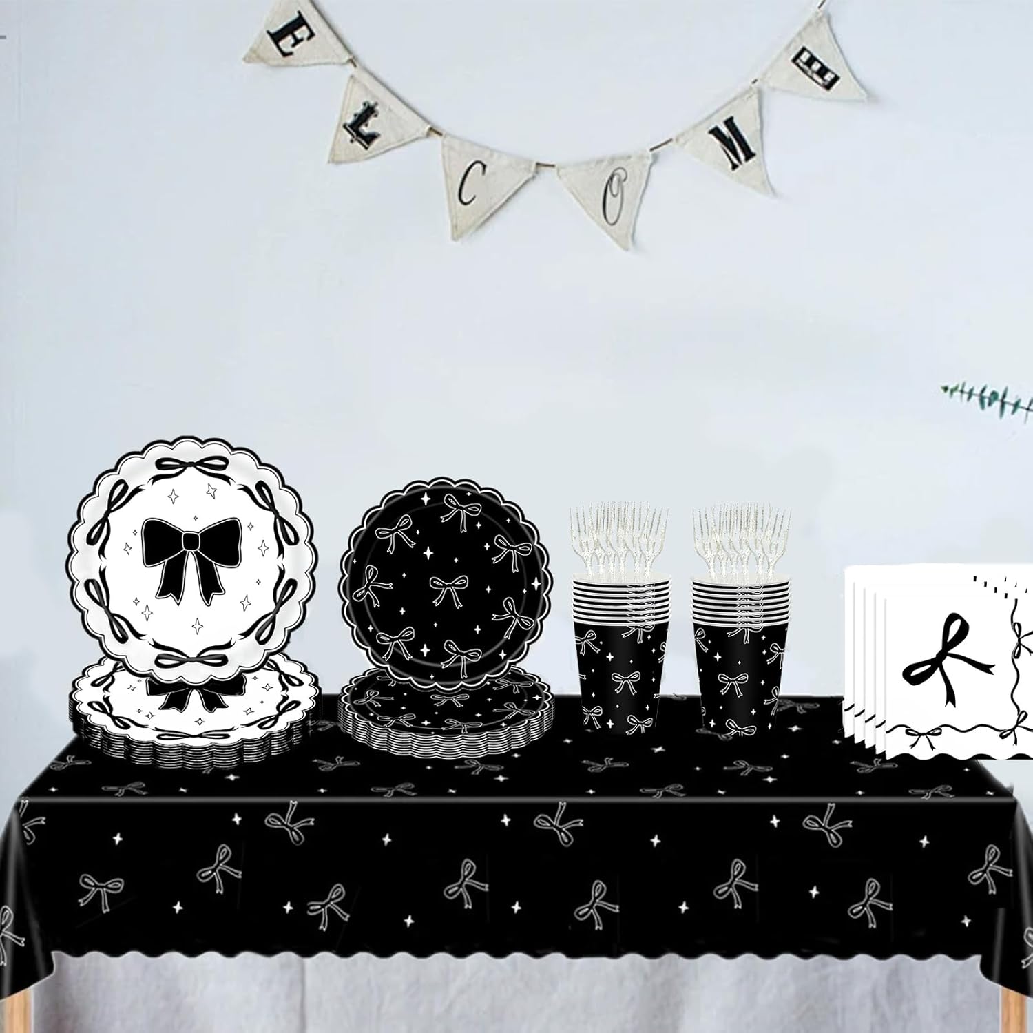 Bow Plates Napkins Birthday Party Supplies,Black and White plates and napkins,Disposable Paper Cups, Cutlery, Forks ,tablecloth,Dinner Plates for Bow Birthday Bridal Wedding Party Supplies,Serve 24