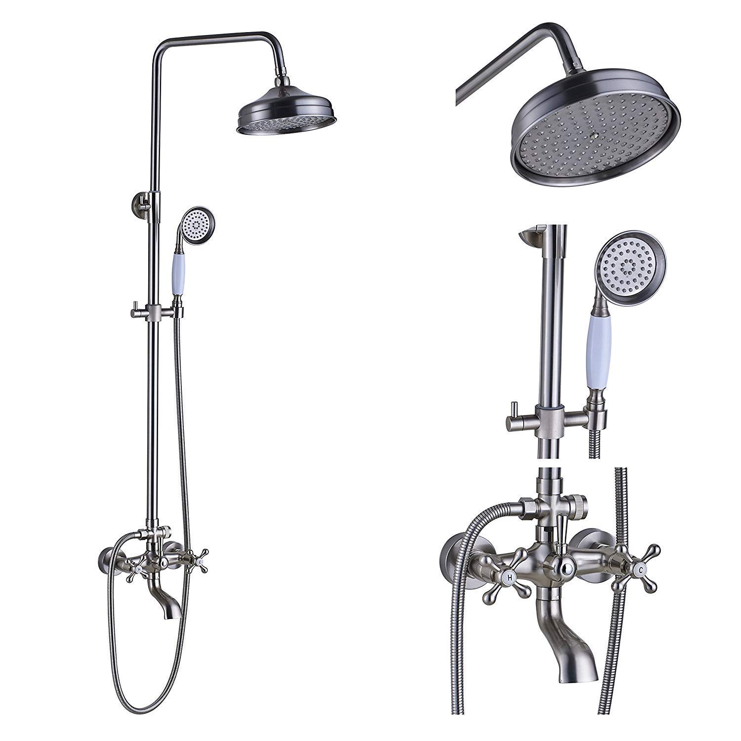 Système de robinetterie de douche murale en nickel brossé avec jet de pluie et douchette