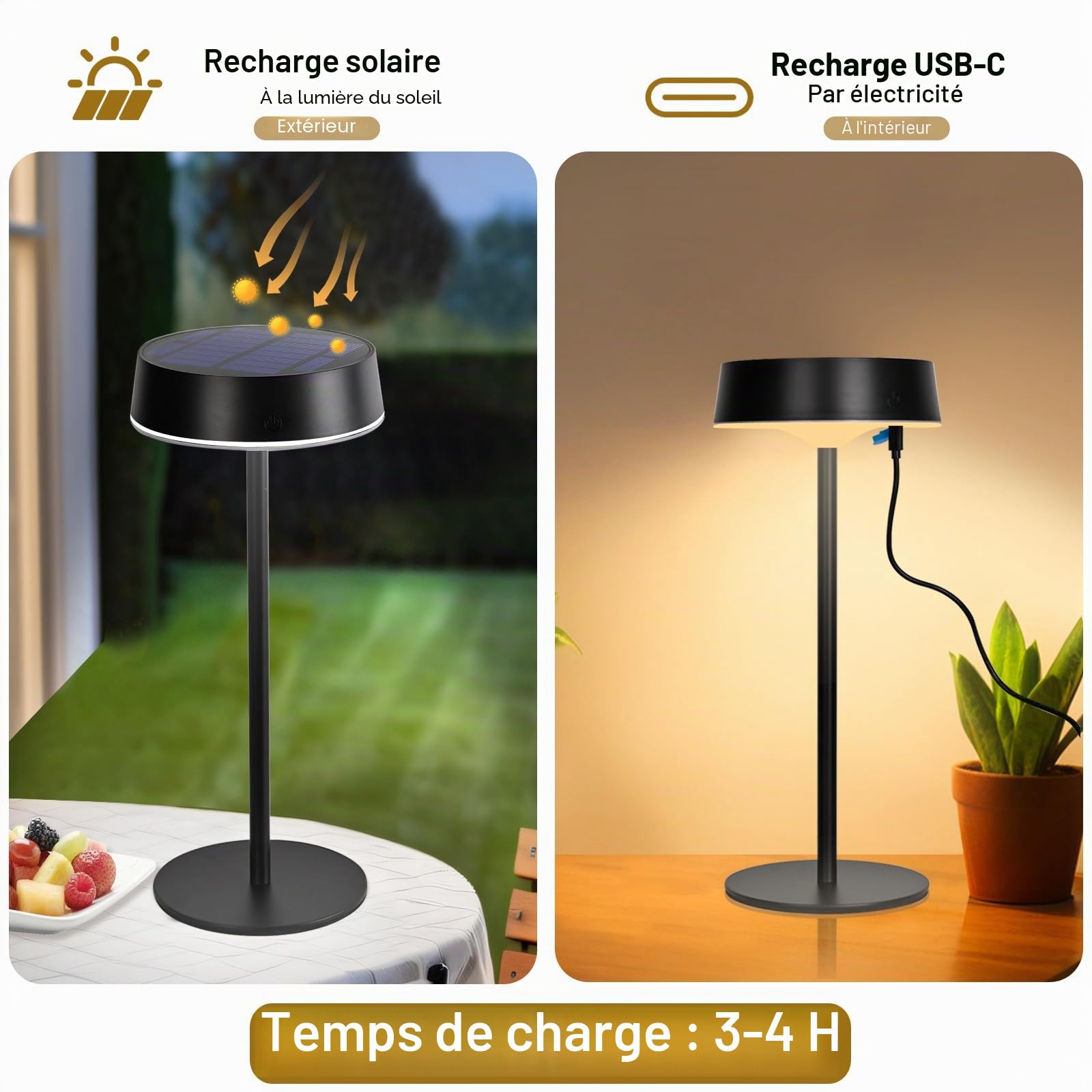 Lot de 2 Lampe de Table Exterieur, IP67 Lampe Chevet sans Fil Dimmables | Alinana 3 CCT Lampe Solaire Interieur, Lampe de Chevet Rechargeable , pour Salle à Manger, Chambre, Salon, Camping