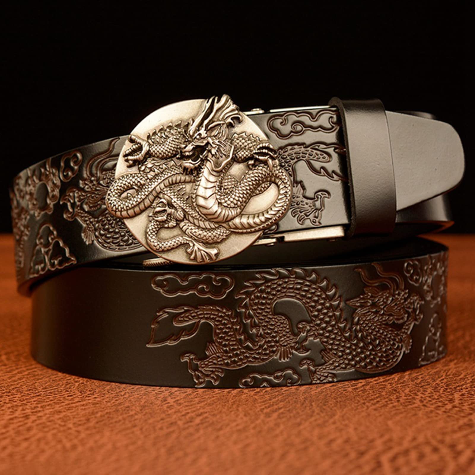 Cintura da Cowboy da Uomo, Cintura in Pelle Goffrata con Fibbia a Drago Scorrevole Automatico, Cintura Di Lunghezza 110-130 Cm, Cintura in Pelle Di Mucca con Fibbia Automatica/Dron~I/110Cm/Wa