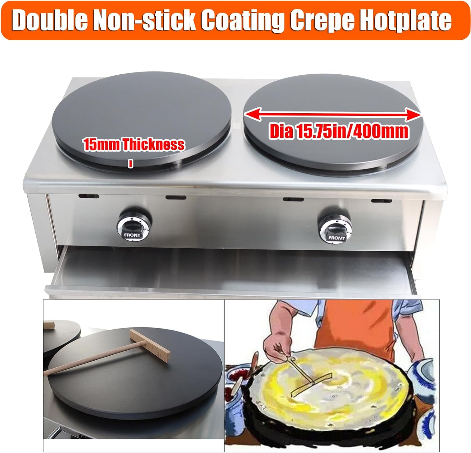 Commercial Crepe Maker 2000Pa Natural Gas Pancake Machine Non-Stick Crepe Pancake Maker with Dia 15.75in Double Hotplates for Blintzes, Eggs, Tortillas