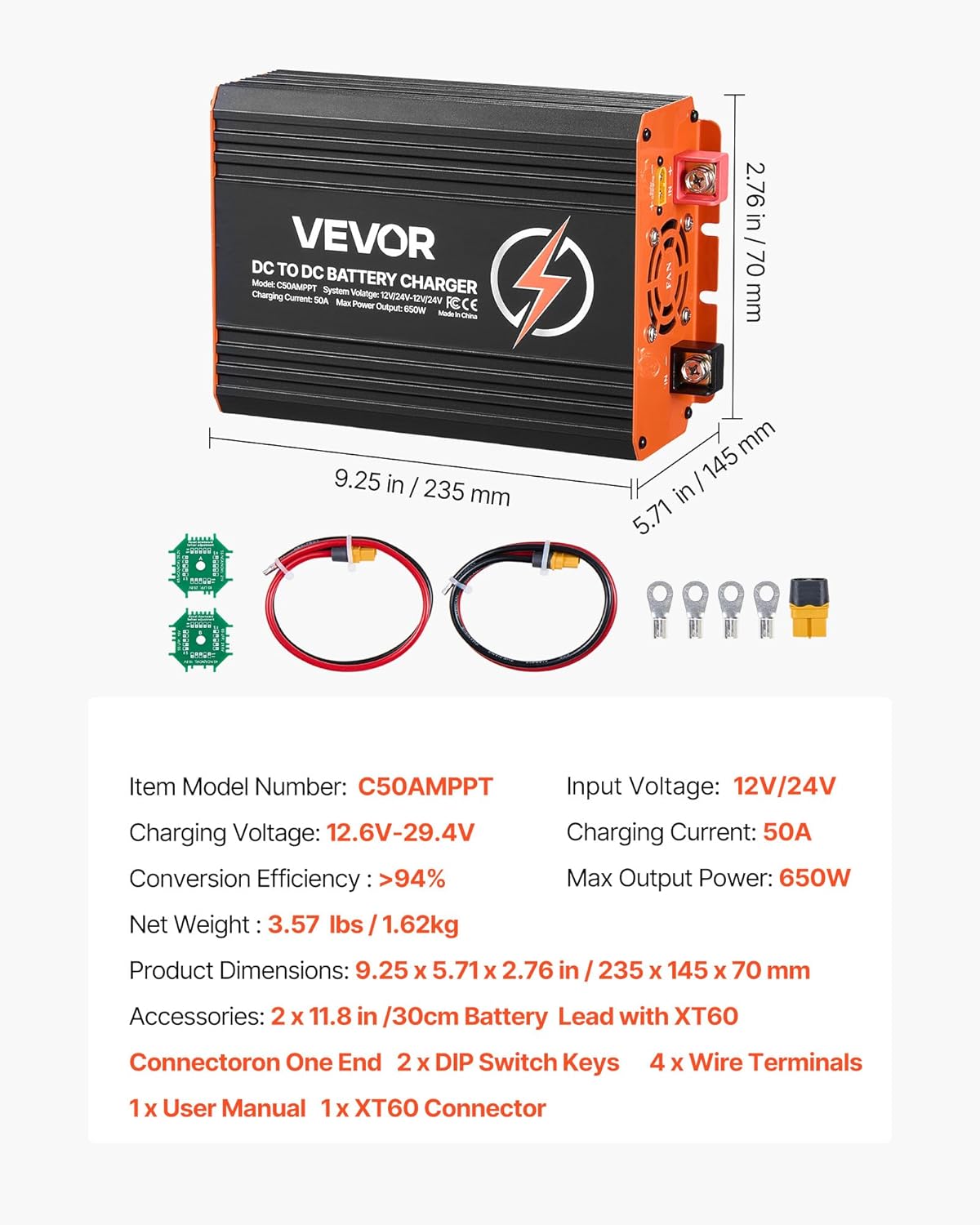 VEVOR DC to DC Charger with MPPT, 650W, 50A On-Board Battery Charger, Solar Panel/Alternator Dual Input, Smart Multi-Stage Charging for LiFePO4 Lead-Acid Batteries, 12V/24V-12V/24V, for RV Home Backup