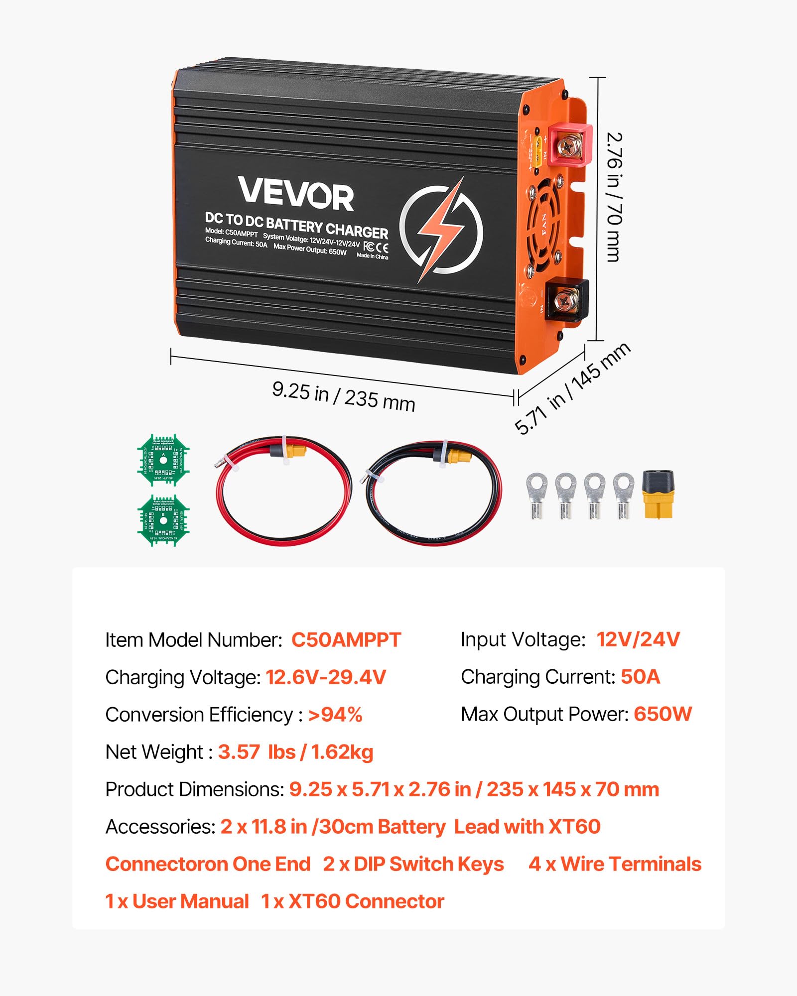 VEVOR DC-DC Batterieladegerät mit MPPT 650 W 50 A, Ladebooster Dual-Eingang für Solarpanel/Lichtmaschine, Laden für LiFePO4-Bleiakkus, 12 V/24 V-12 V/24 V, für Wohnmobil Notstromversorgung zu Hause