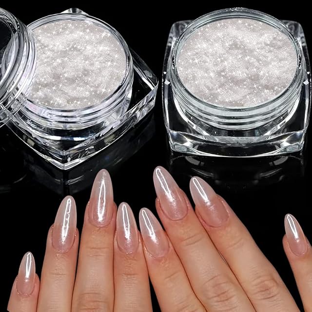 2 Boxes White Pearl Chrome Nail Powder - Transparent Clear Ice Shimmer Chrome Pigment Powder for Nails, Glazed Donut Inspired Nails Mirror Effect Glitters Nail Art Powder for DIY Salon