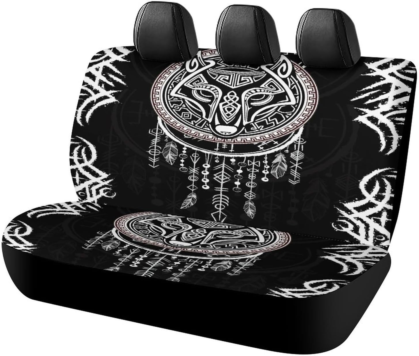 Abstract Vikings Car Rear Seat Covers Car Waterproof Interior for Car Trucks SUV Vintage Mid Century Mystical Symbol Wolf Design Car Back Seat Covers Universal Car Rear Seat Covers