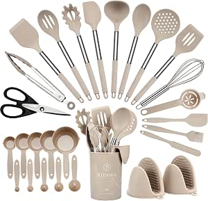 Kitchen Utensils Set 28 pcs, Hvygss Silicone Cooking Utensils Set, Stainless Steel Handle Silicone Spatula Set with Silicone Whisk, Tongs, Ladle, Scissors, Measuring Cups and Spoons Set (Khaki)