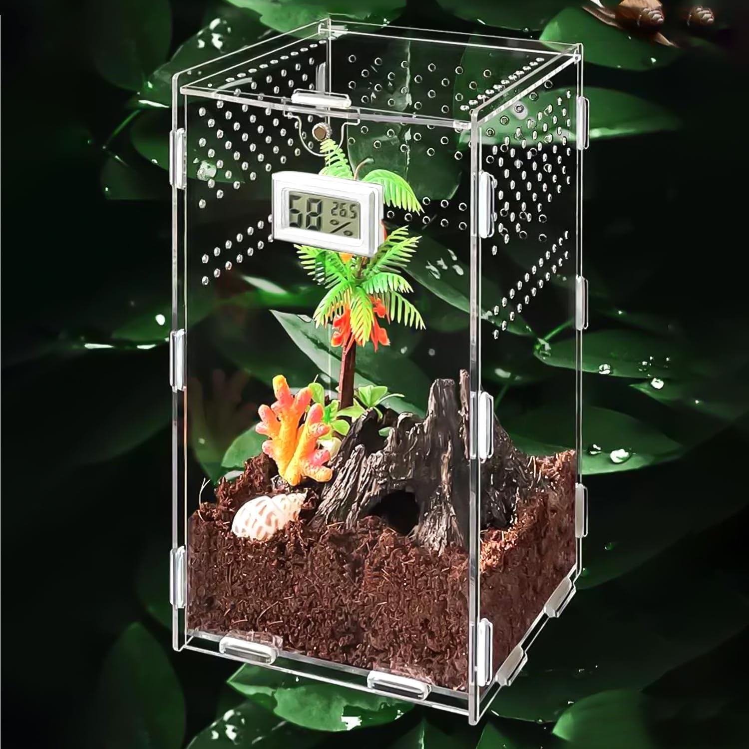 Nizirioo Reptile Feeding Box Acrylic Reptile Breeding Box Transparent Insect Food Box with Electronic Hygrometer Reptile Feeding Box Critter Box for Snails Water Turtles 20 x 12 x 12 cm