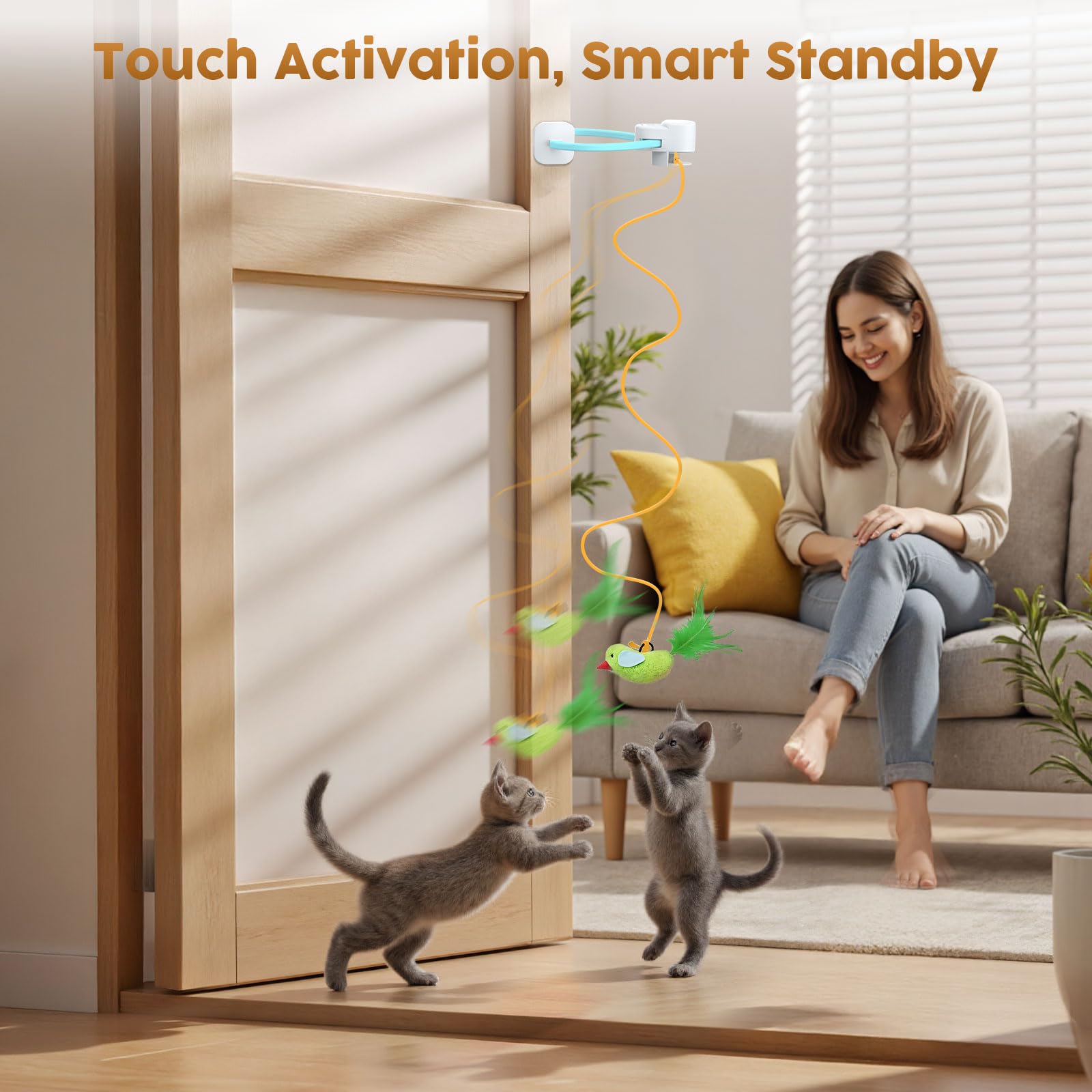 Interaktives Katzenspielzeug für Indoor-Katzen: Automatischer fliegender Vogel-Federstab, Jagd, Übung, Anreicherung, Stimulation, USB-wiederaufladbar, langlebig, sicheres Hängespielzeug für