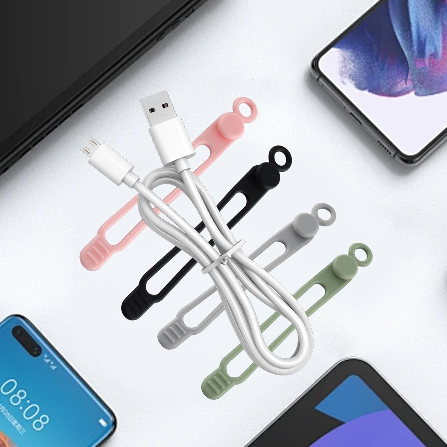 20Pcs Silicone Cable Ties,Reusable Cable Management Organizer,Cable Organizer for Bundling and Fastening Cable Cords Wires(Black, Gray, Pink,Green)