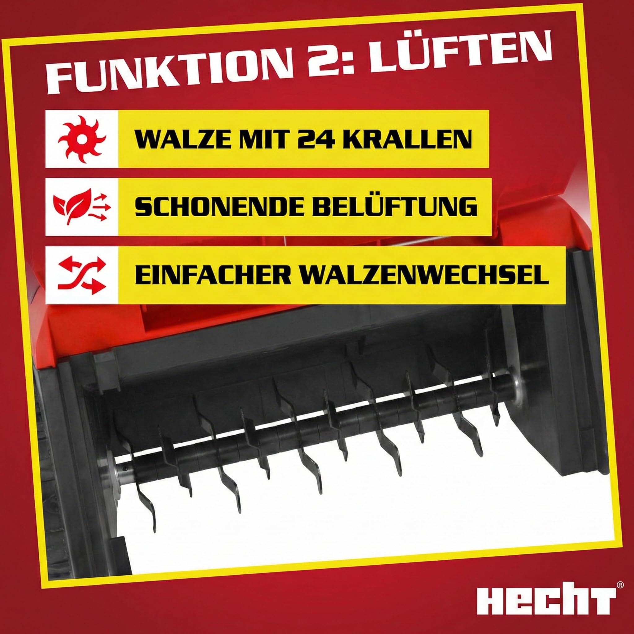 HECHT brandneuer 2 in 1 elektro Vertikutierer - Vertikutierer Elektro für einen schönen grünen saftigen Rasen – Starke 2000 Watt mit Lüfter- und Messerwalze - großzügiger 55l Auffangsack – elektrisch