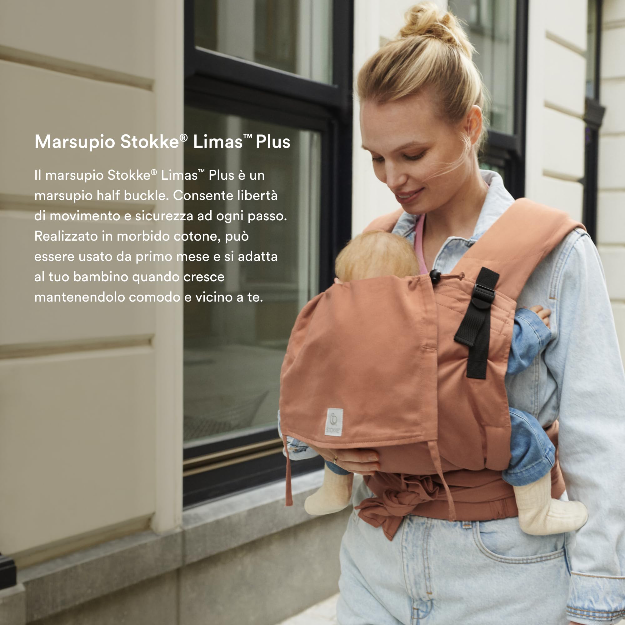 Marsupio Stokke Limas Plus, Terracotta (OCS) - Marsupio per neonati con mezza fibbia - Tre opzioni di trasporto - Sicuro per bambini da 1 mese/4 kg fino a 18 kg