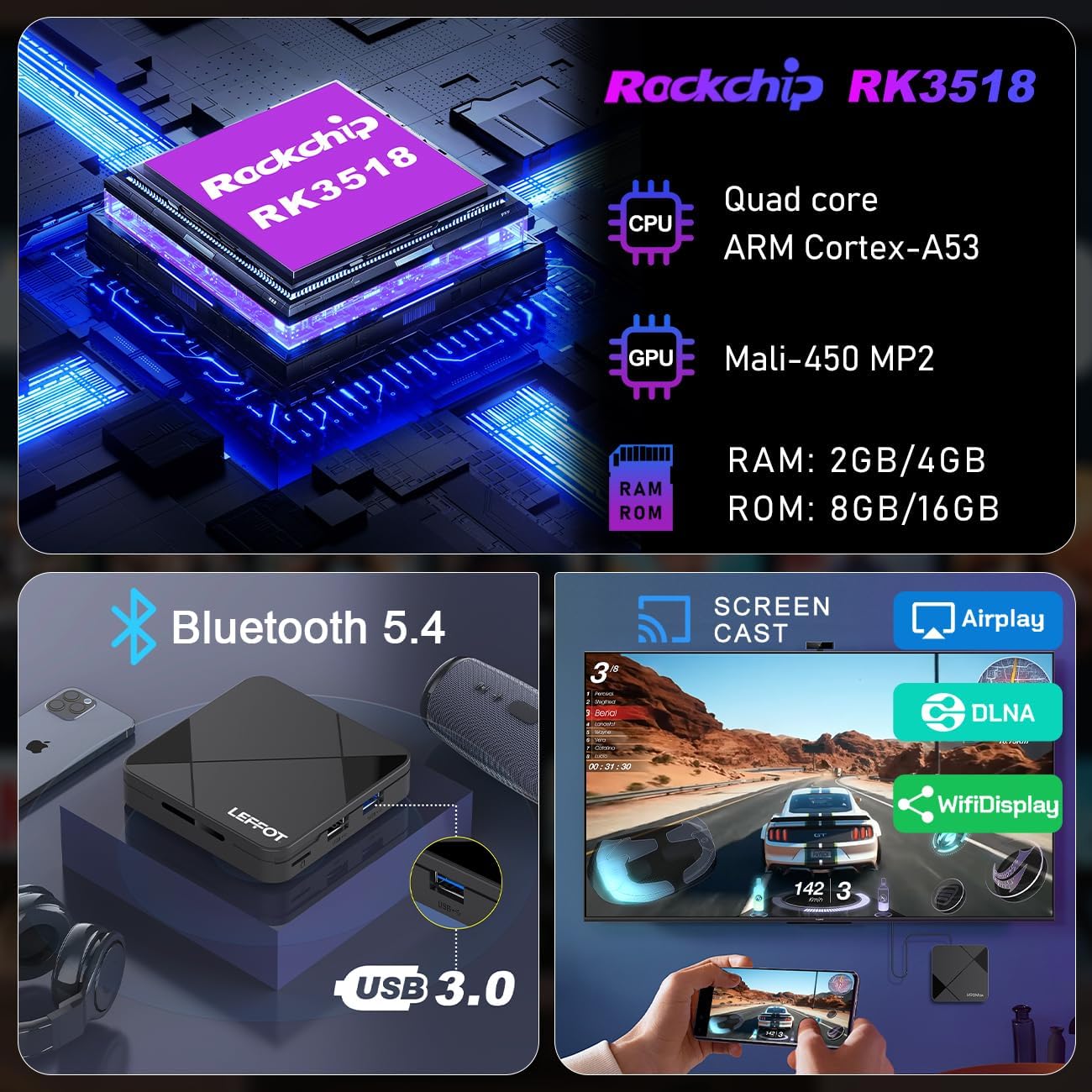 Android 14.0 TV Box 2025, LEFFOT 4K Ultra HD Streaming Device for TV, 2GB RAM + 16GB ROM, Smart TV Box with Google Assistant Voice Remote, HDR10, 2.4G & 5G WiFi 6, BT 5.4, RK3518 Quad Core A53 2GB+16GB image 4 of 8 B0F6TB7S3D