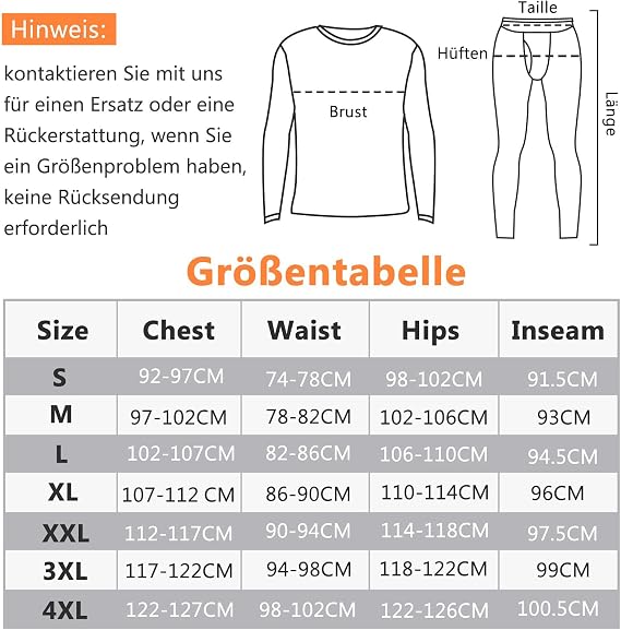 SIMIYA Men's Thermal Underwear Set Warm Underwear with Inner Fleece Ultralight Top and Bottom with Fly Long Sleeve Functional Underwear Crew Neck Ski Underwear for Winter