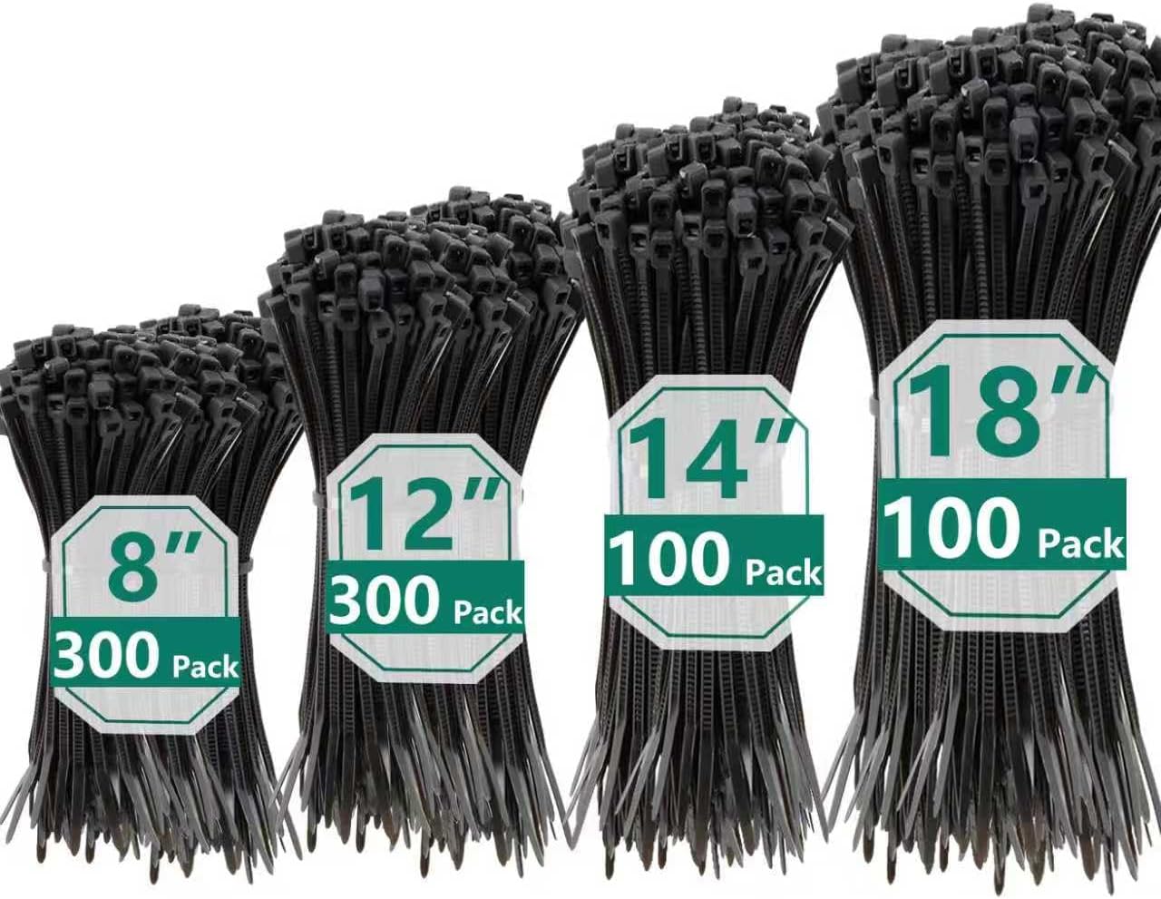 Zip Ties Assorted Sizes 300 Pack,12+14+18 Inch, 300LBS Tensile Strength Heavy Duty Self-locking Nylon Black Cable ties for Indoor Outdoor