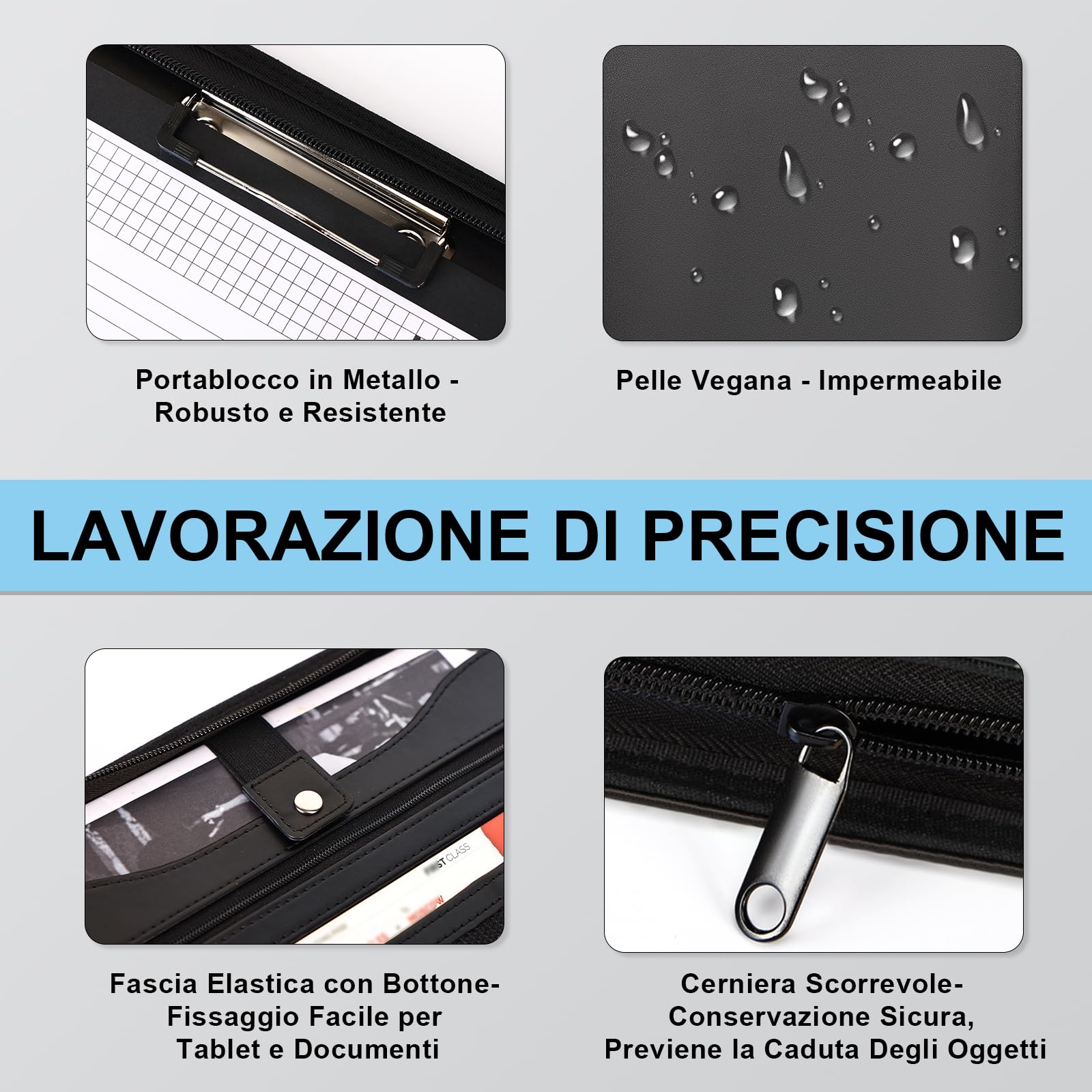 Leathario Cartella portadocumenti A4 pelle vegana organizer con cerniera Nero