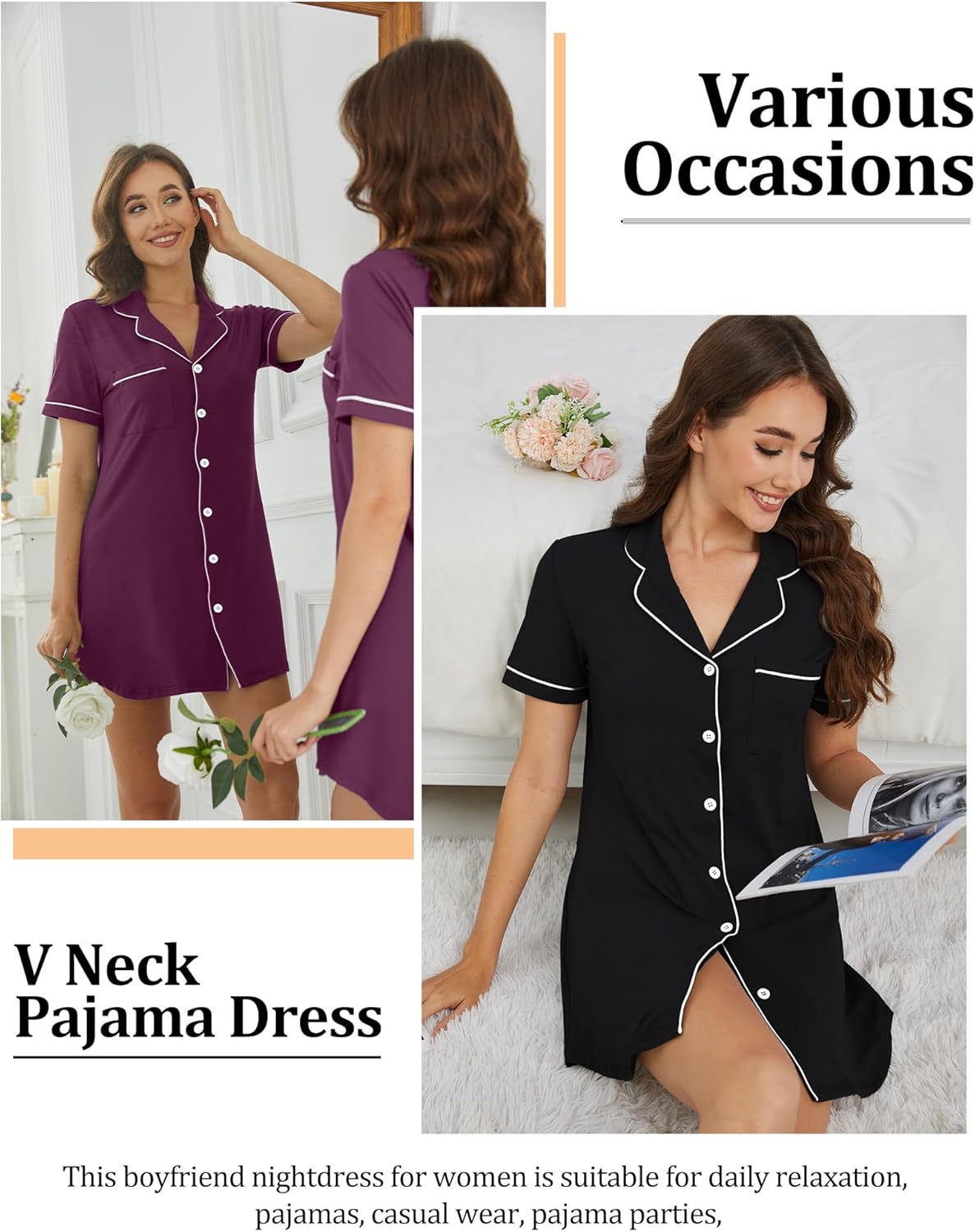 2 Pack Nightgowns for Women Button Down Sleepshirt Short Sleeve Sleepwear Soft Nightshirts V Neck Pajama Dress - Image 2