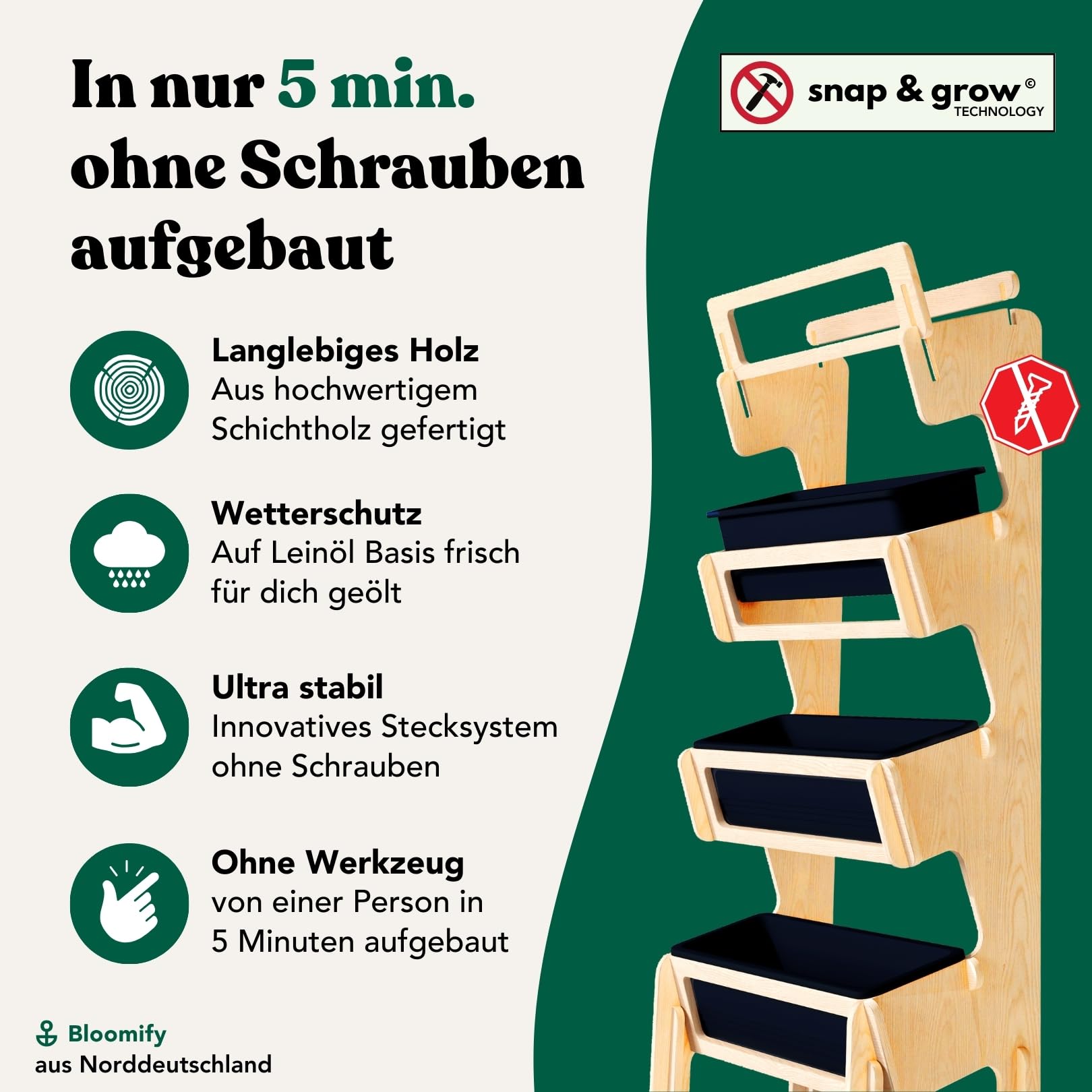 Bloomify® Vertikalbeet mit 4 Etagen aus Birkenholz – Aufbau ohne Schrauben – 4 rausnehmbare Pflanzkästen – 64×33×146 cm – schmales vertikales Hochbeet für Balkon, Terasse & Garten