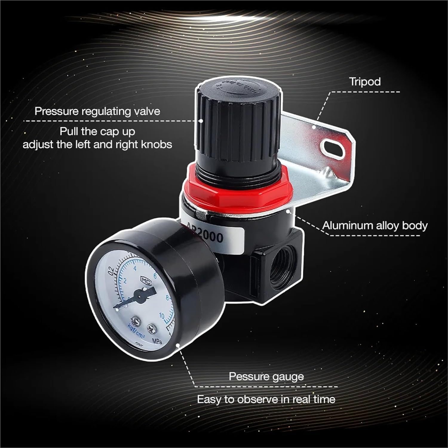 1pc AR2000 Pressure Regulator 0-1MPA Air Pressure Gauge 1/4" Internal Thread Suitable For Air Compressors Pneumatic Tool Accessories(SET-A)