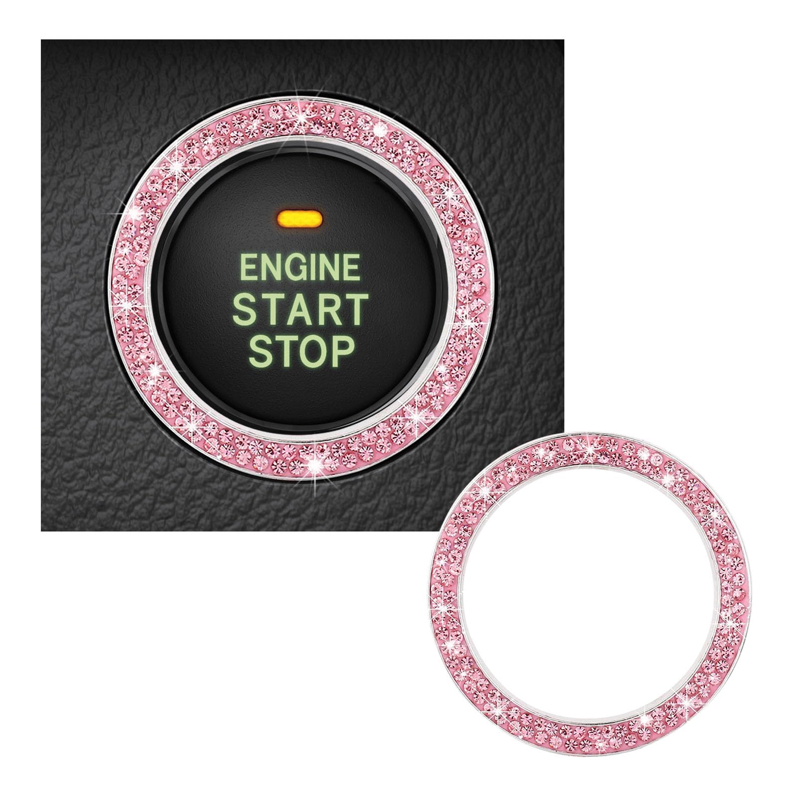 Kewucn Bling Crystal Double Rhinestone Car Engine Start Decoration Ring Sparkling Push Start Button Sticker Key Ignition Knob