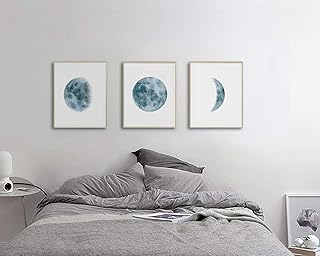 Wall Art For Living Room Bedroom, Moon Phases Wall Art Print, Moon Phases Poster, Bedroom Wall Decor, Moon Phases Print Set, 3 Piece Wall Art, Indigo Blue Moon Phases