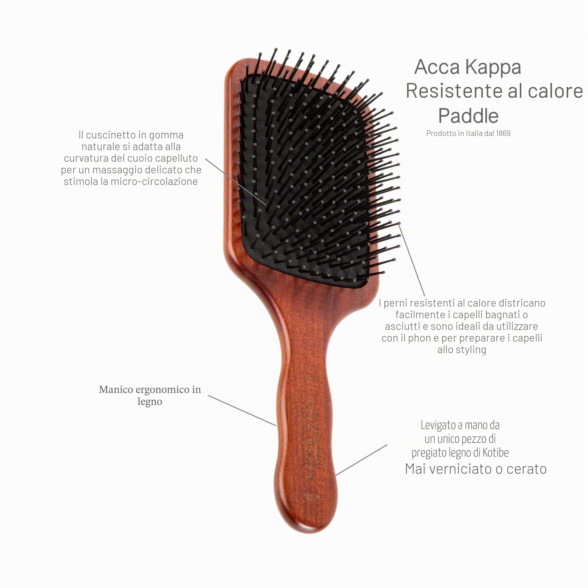Acca Kappa Spazzola per Capelli Pneumatic Pins Rettangolare, Spilli in Plastica con Punte Arrotondate, Manico in Legno di Kotibè, Spazzola Districante per Tutti i Tipi di Capelli