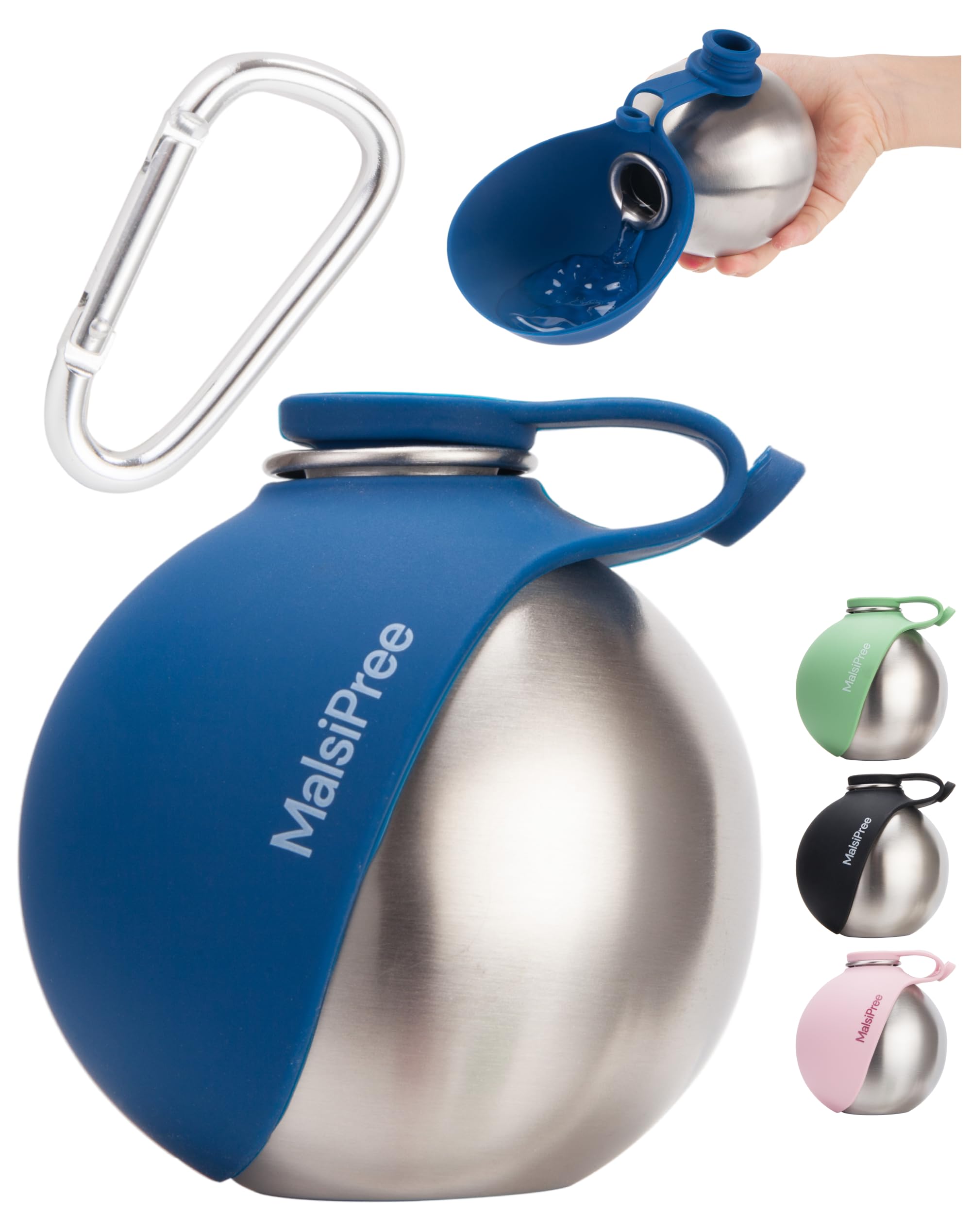 malsipree 2-in-1 portable dog water bottle & bowl for small dogs - leak proof & insulating - travel water dispenser - stainless steel bottle & silicone bowl - walking & hiking (10 fl oz, navy)