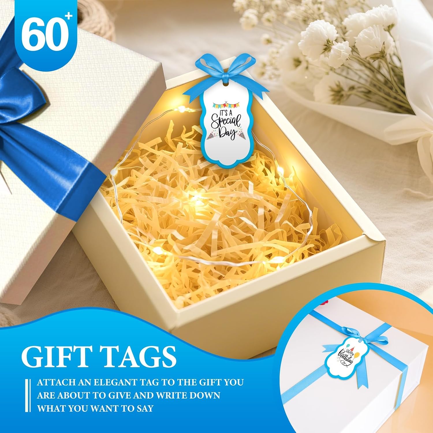 60Pcs Elegant Name Place Cards for Table Setting-1.96inx3.75in Unique Shape,Same Color Satin Ribbon,Ideal as Gift Tags and Place Cards for Weddings Banquets & Parties (Blue, Style 1) image 5