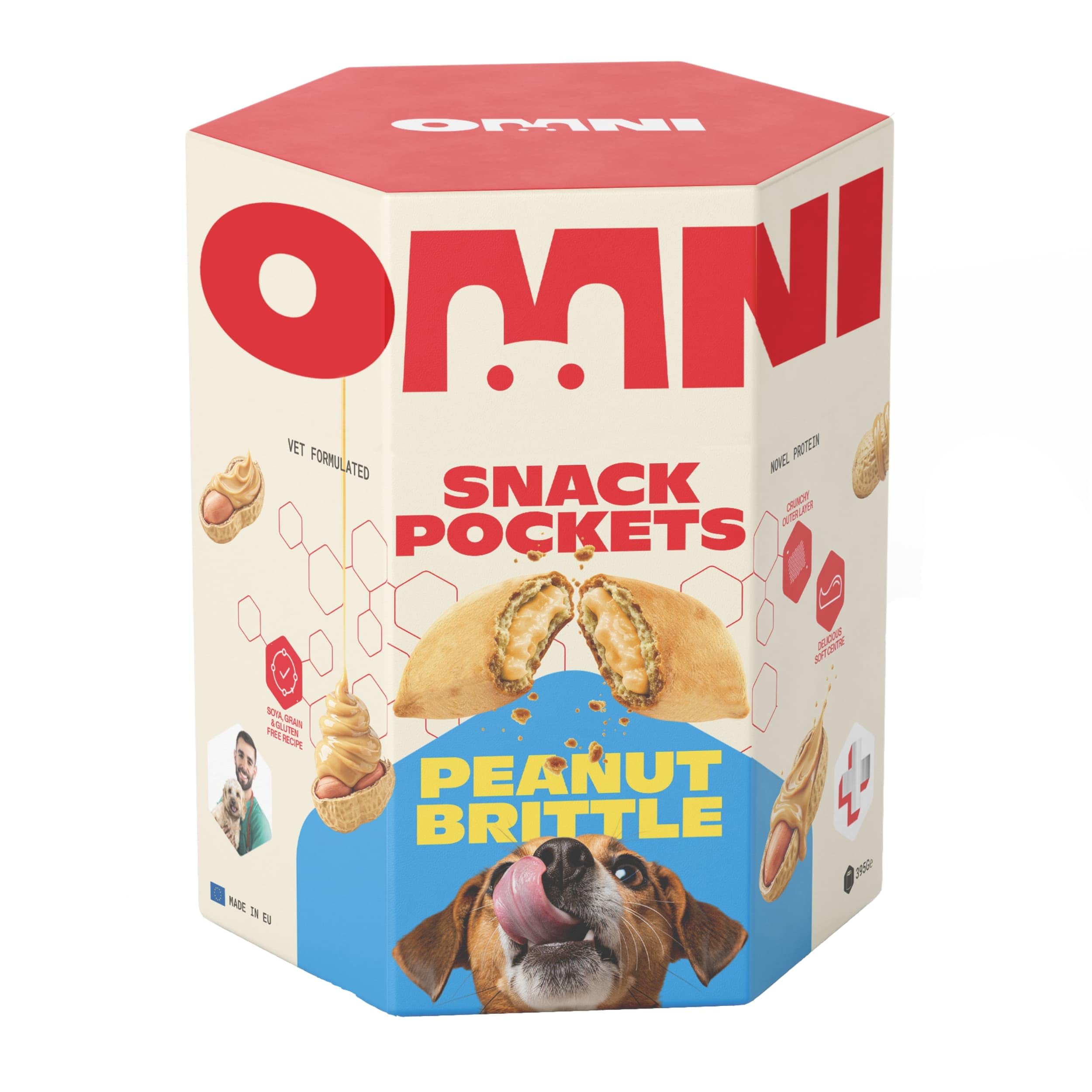 Omni Hypoallergenic Dog Treats - Flavourful Peanut Brittle Snack Pockets with a Peanut Infused Delicious Soft Centre, Vet Formulated, Soya, Gluten & Grain Free Dog Treats, 80g