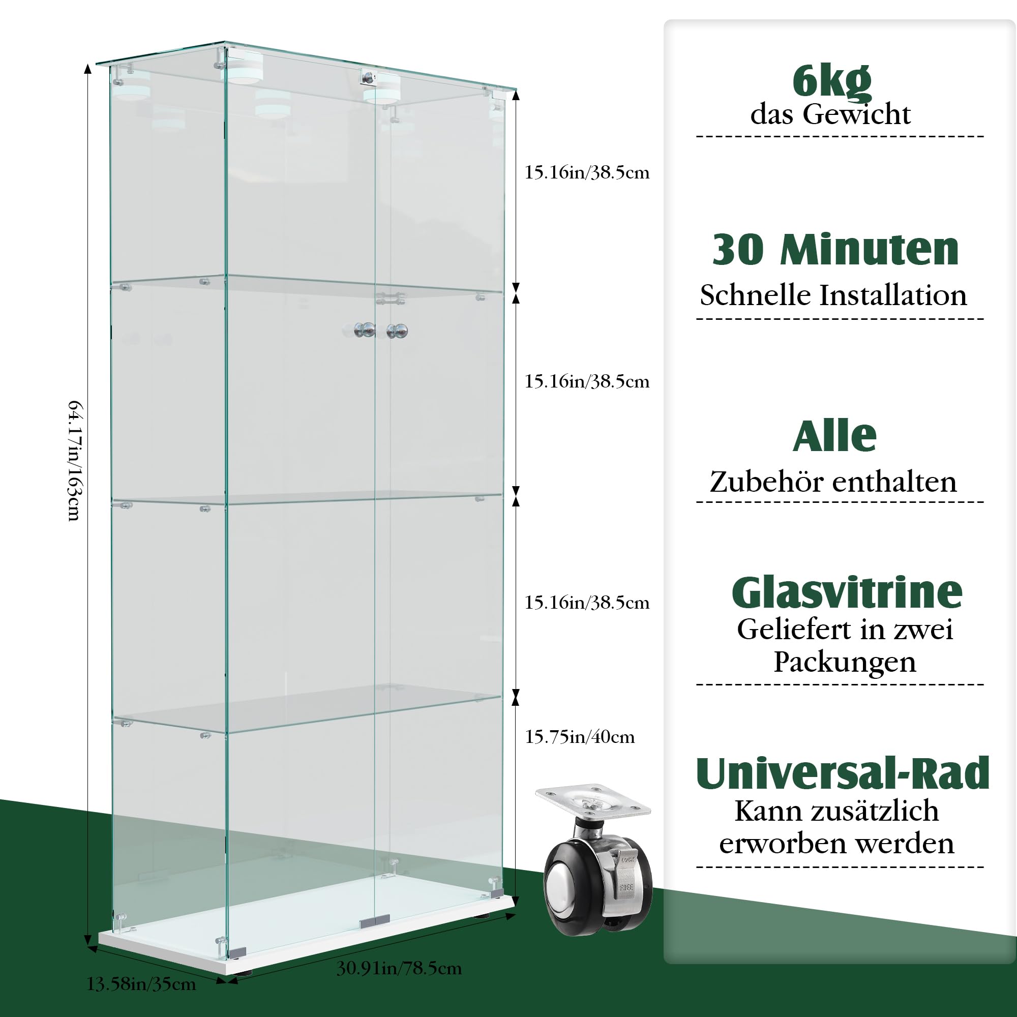 Vitrina de cristal con LED, vitrina de cristal con 4 estantes y 2 puertas, vitrina de vitrina expositora de columna, vitrina de vidrio transparente, vitrina expositiva de vidrio, blanco