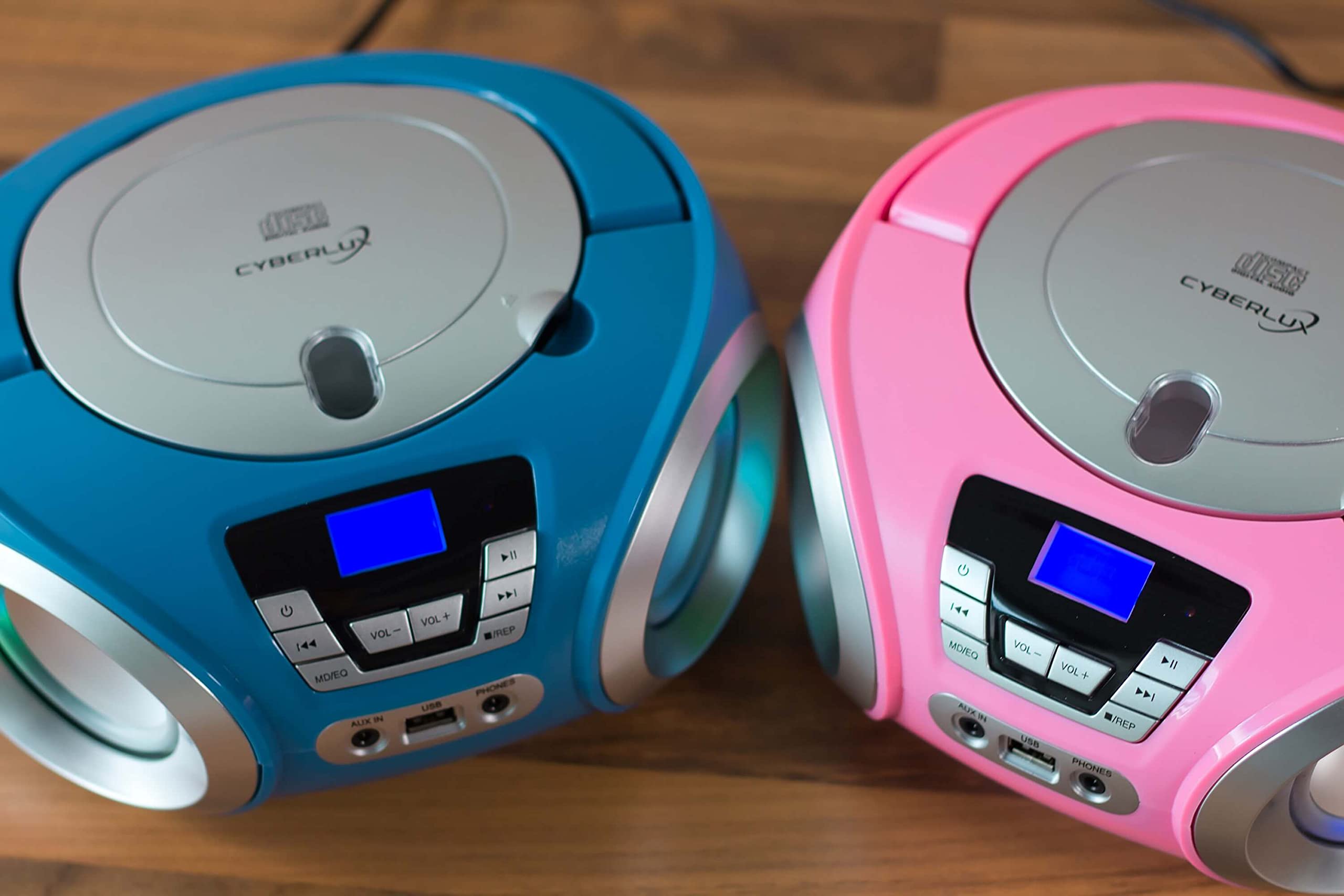 Lecteur CD portable avec radio FM, éclairage LED et USB, prise casque, Aux In - Pretty Kitty Pink