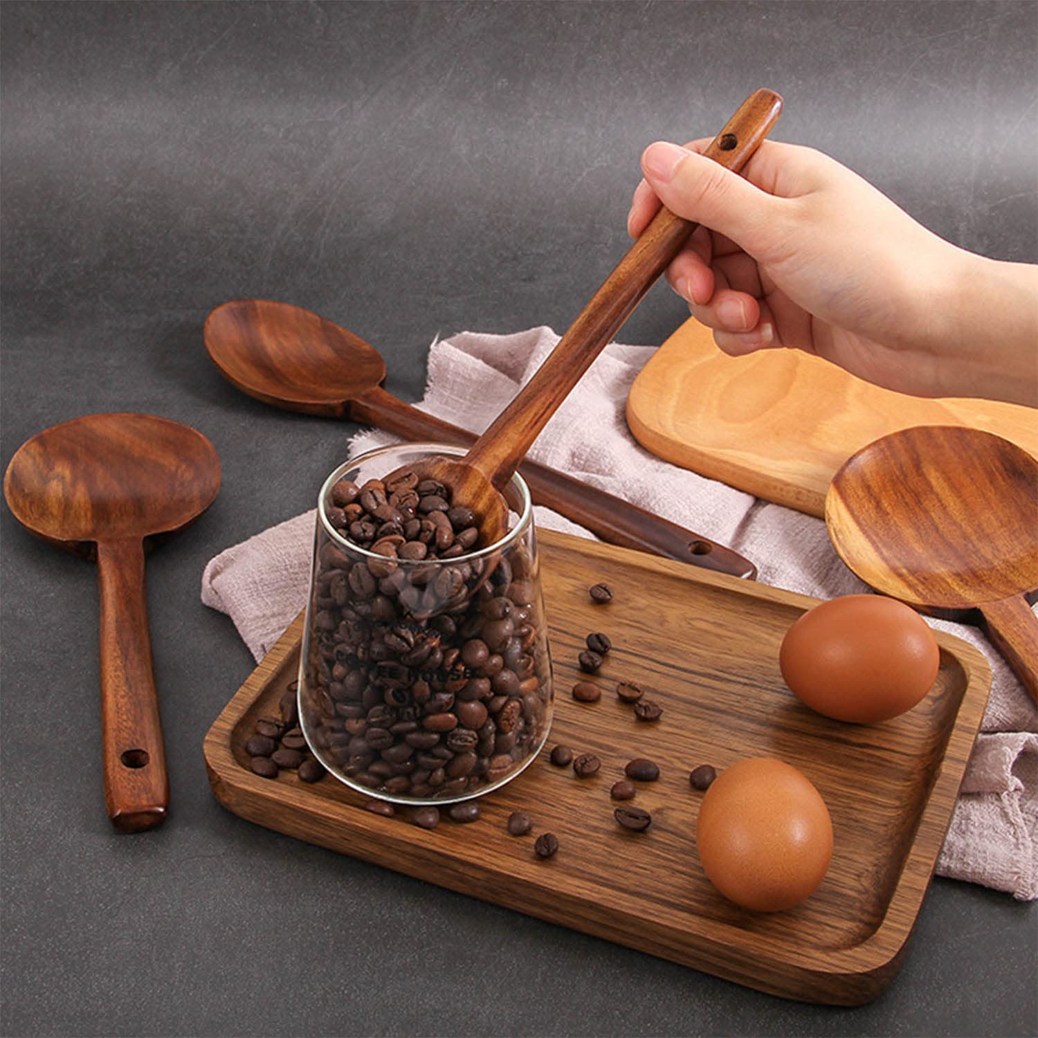 Cuchara de Café de Teca Natural Cuchara Agitadora de Mango Largo Espátula de Cocina Juegos de Utensilios de Cocina de Madera Ecológicos Antiadherentes, Paquete de 6