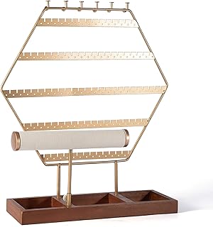 Earring Holder Hexagonal Earring Organizer Stand 6-Tier Earring Stand Jewelry Stand Gold Jewelry Holder Jewelry Organizer with Wooden Tray for Jewelry Storage and Showcase (Gold 6-Tier)