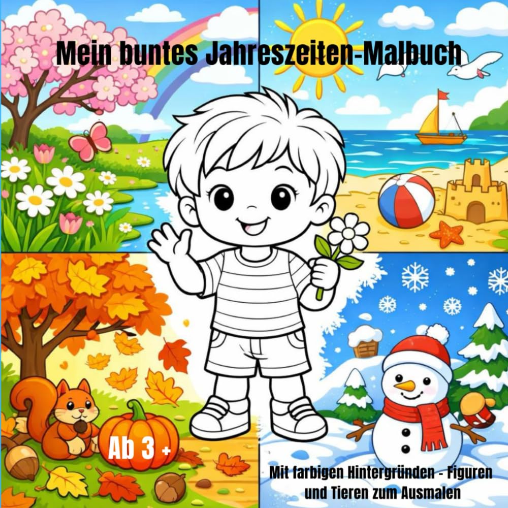 Mein buntes Jahreszeiten Malbuch: Mit farbigen Hintergründen - Figuren und Tieren zum Ausmalen, 42 Bilder, ab 3 Jahren