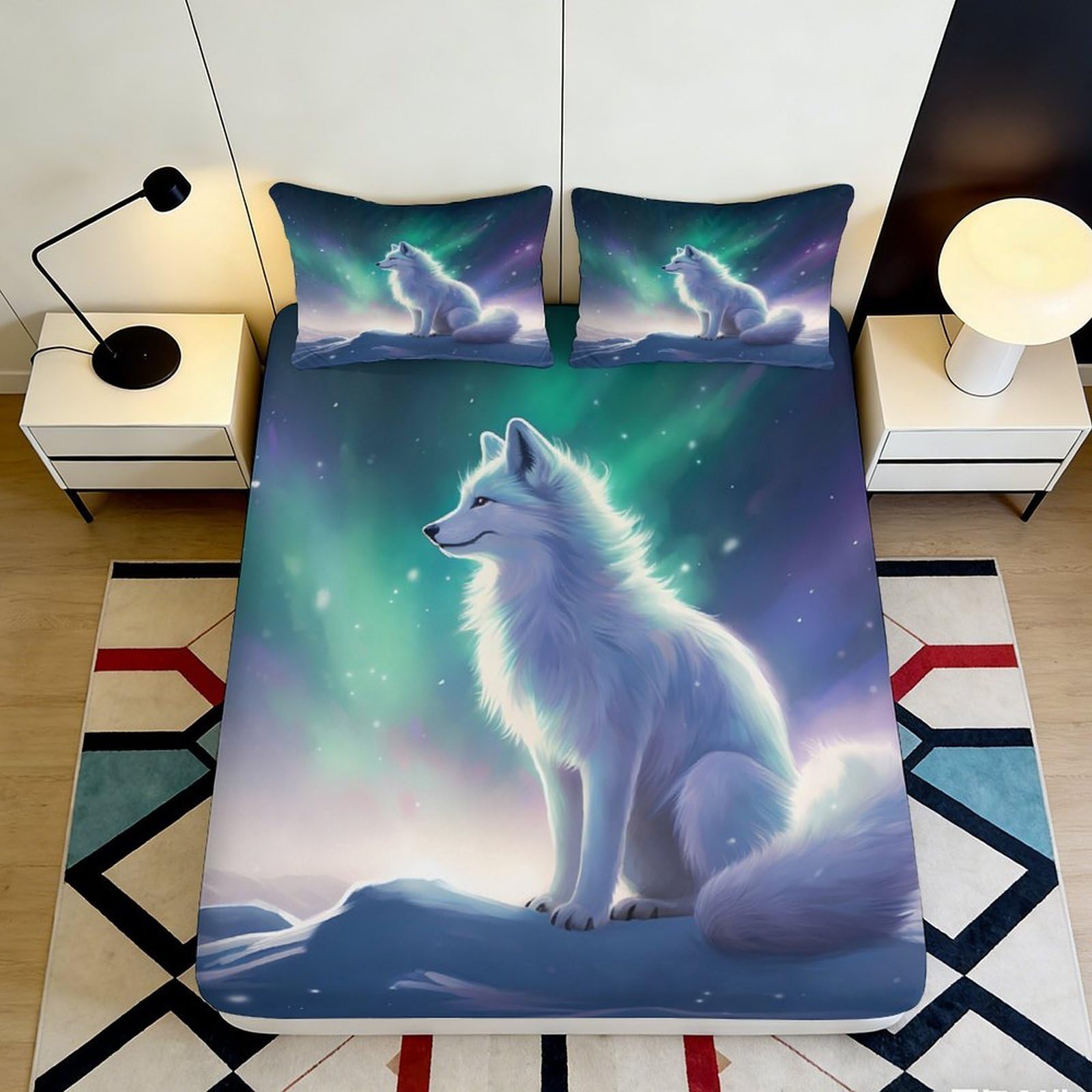 3D Printed Aurora Wolf Fitted Sheet Microfiber Soft Mattress Cover for Bedroom Dorm Mattress Protection Decor 90x200x25cm