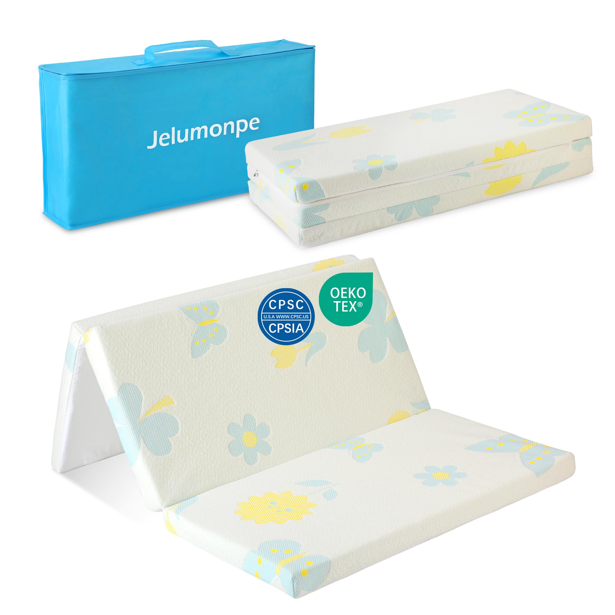 Jelumonpe Pack and Play Mattress 38"x26"x1.5",Trifold Portable Pack n Play Mattresses with Carry Bag，Waterproof Playpen Crib Mattress with Soft