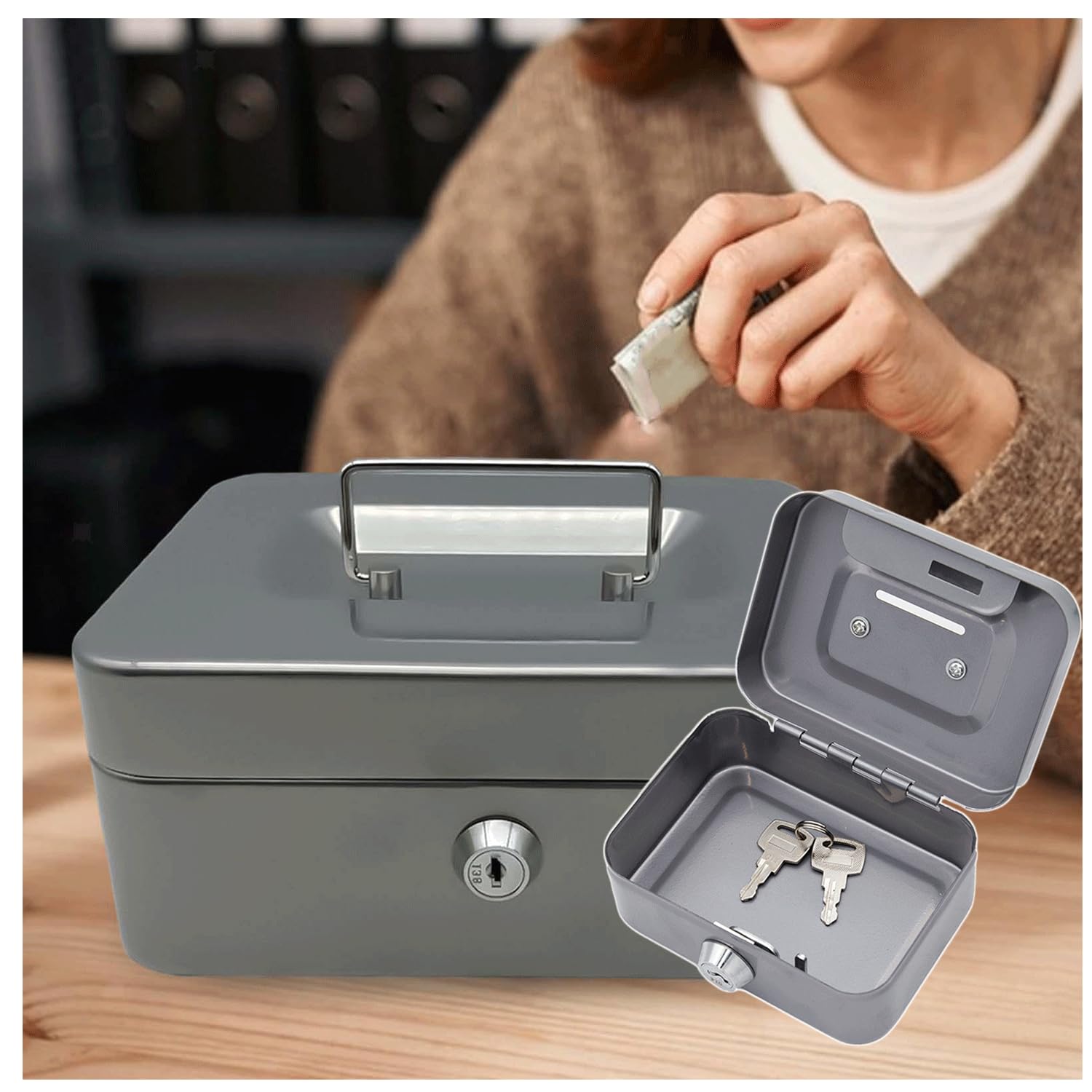 Geldcassette van staal, mini-safe voor geld, kluis met sleutel, mini- spaarpot, voor bankbiljetten voor het opbergen van geld (grijs