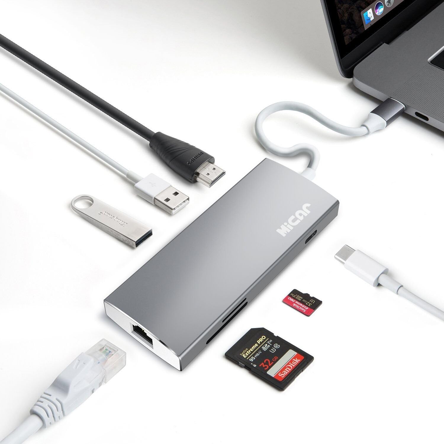 USB C Hub, Micar 7-in-1 Type C Hub with Gigabit Ethernet, 4K HDMI Output, USB C Power Delivery, SD & Micro SD Card Reader, 2 USB 3.0 Ports, Multiport Adapter for MacBook Pro and other Type-C Devices