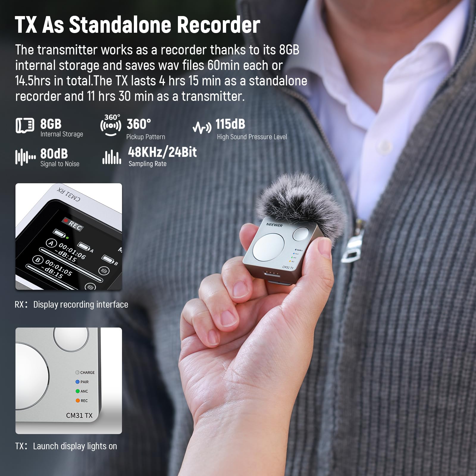 Neewer CM31 Bezprzewodowy mikrofon krawatowy z 8 GB pamięci masowej, zasięg 250 m, zasięg 48 kHz, 24 bit, redukcja szumów, kompatybilny z iPhone'em, iPadem, Androidem, kamerą PC, YouTube/TikTok
