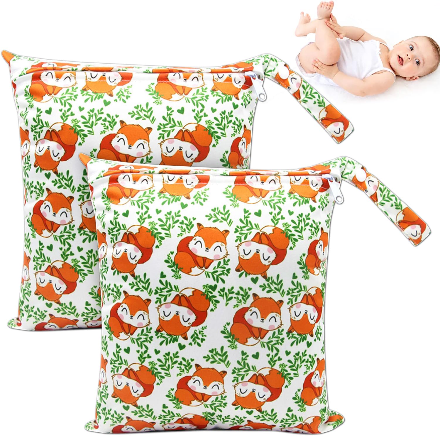 NTGRTY Windeltasche, 2 Stück, Nappy Bags, Wet Dry Bags, Wet Dirty Laundry Bag, Waterproof Dry Wet Bag, Diaper Bag for Babies Swimming Camping Travel Gym Workout Beach (Animal) (Fuchs)