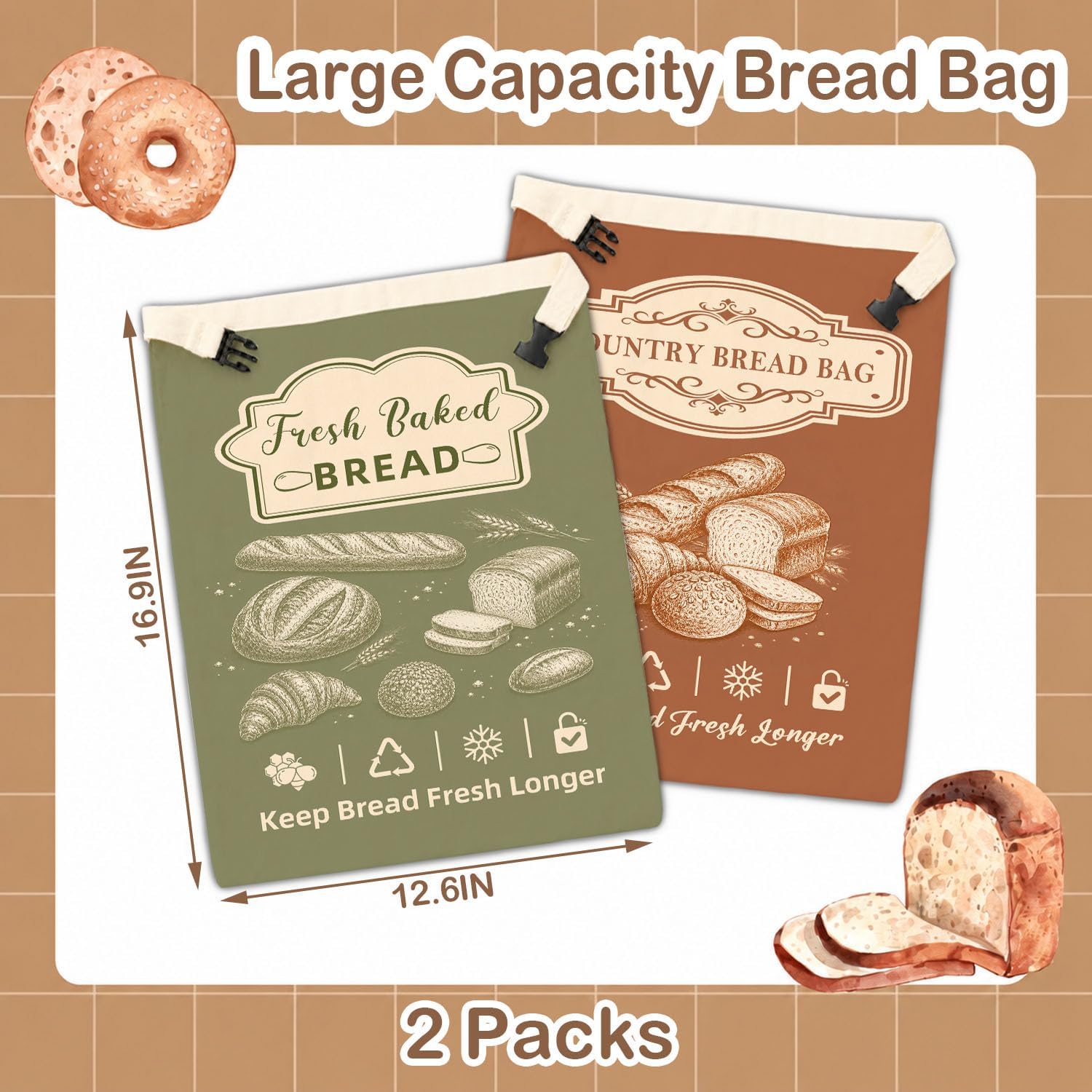 2 Pack Beeswax Bread Bags, Large Capacity Portable, Natural Beeswax Preservation, Reusable Organic Canvas, Easy Clean, Detachable, Sourdough Homemade Bread, Kitchen Baking Food Bags