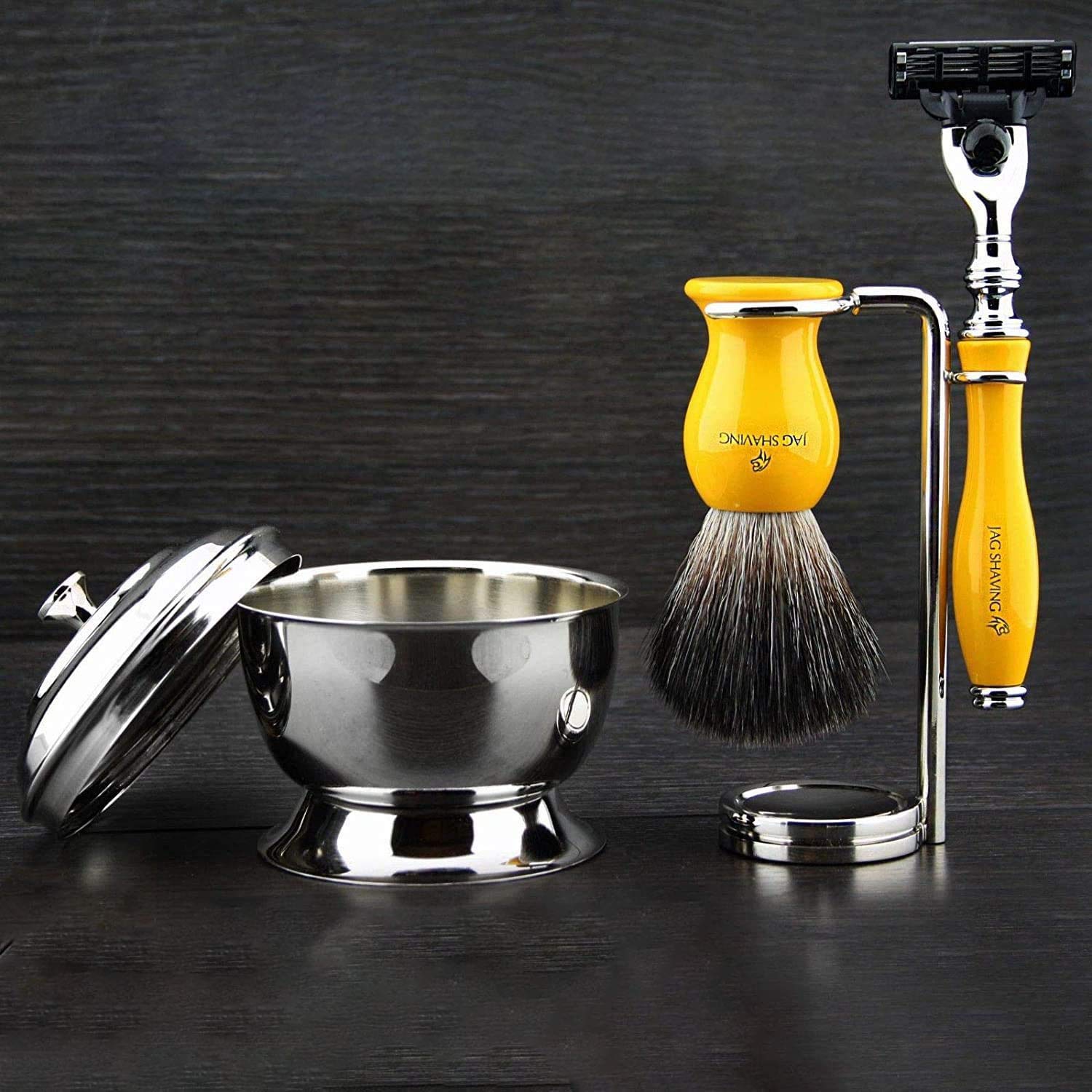 Jag Shaving Yellow męski zestaw do golenia 3 Edge, brzytwa, pędzel do golenia, stojak do golenia i miseczka do golenia