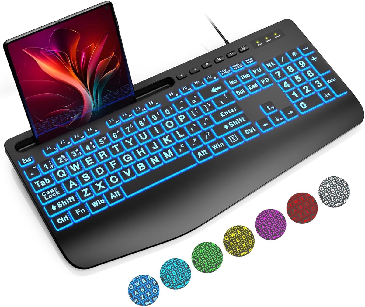 SABLUTE Large Print Backlit Keyboard, Wired USB Computer Keyboards with 7-Colors Backlight, Wrist Rest, Phone Holder, Oversized Letter Keys Easy to See and Type for Laptop, PC, Windows, Black : Electronics