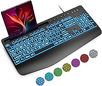 SABLUTE Large Print Backlit Keyboard Wired USB: 7-Color Backlight, Wrist Rest, Phone Holder for Seniors, PC Laptop - Black