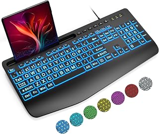 SABLUTE K21 Pro Large Print Backlit Keyboard with Wrist Rest, Phone Holder, 7-Color RGB - Wired USB for PC, Laptop, Seniors