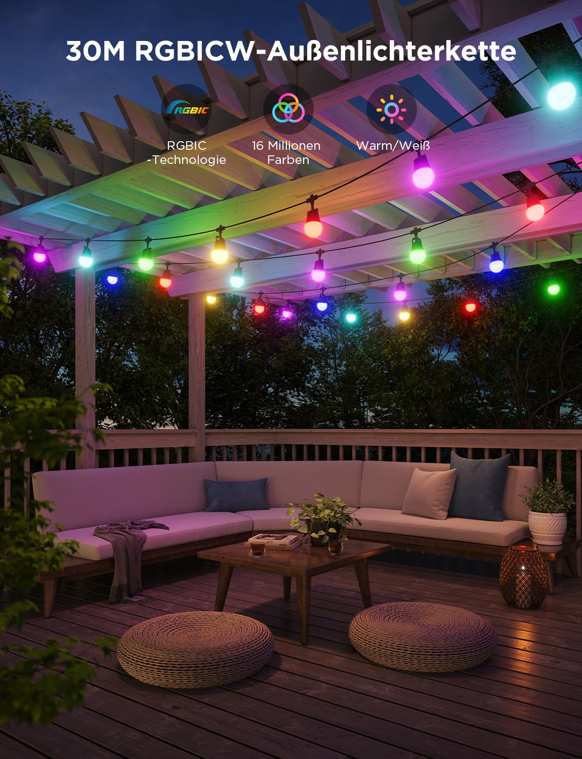 Govee LED Lichterkette Außen 2, 30M Dimmbare RGBICW Outdoor Lichterkette | IP65, 100lm pro Licht, 47 Szenenmodi und 16 Millionen Farben, Intelligente App und Sprachsteuerung, Lebensdauer 25000 Stunden
