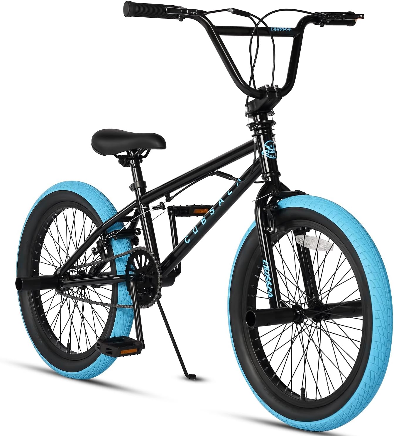 freestyle bmx bike, 18 20 inch kids bicycle for 5-13 years old kids and beginner level rider, multiple colors black with blue tires crossea 20k pro (with pegs & gyro)