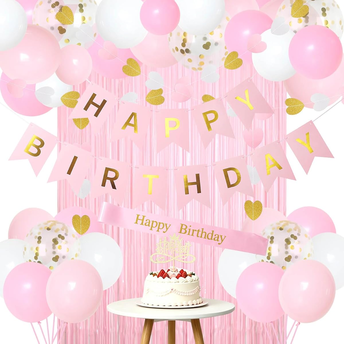 Pink Happy Birthday Party Decorations for Girls Princess Kids Women Happy Birthday Banner Balloons Garland Fringe Curtain Backdrop Sash Cake Topper Set for Decor
