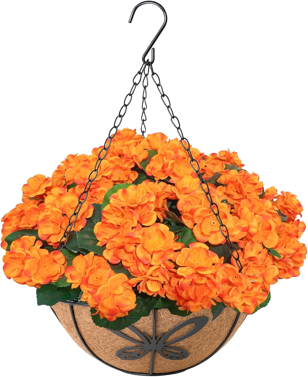 Fall Hanging Fake Flowers Basket with 8 Artificial Geranium Stems, Autumn Outdoor Faux Floral Plant with Butterfly Basket for Porch Yard Garden Decor 1 PACK