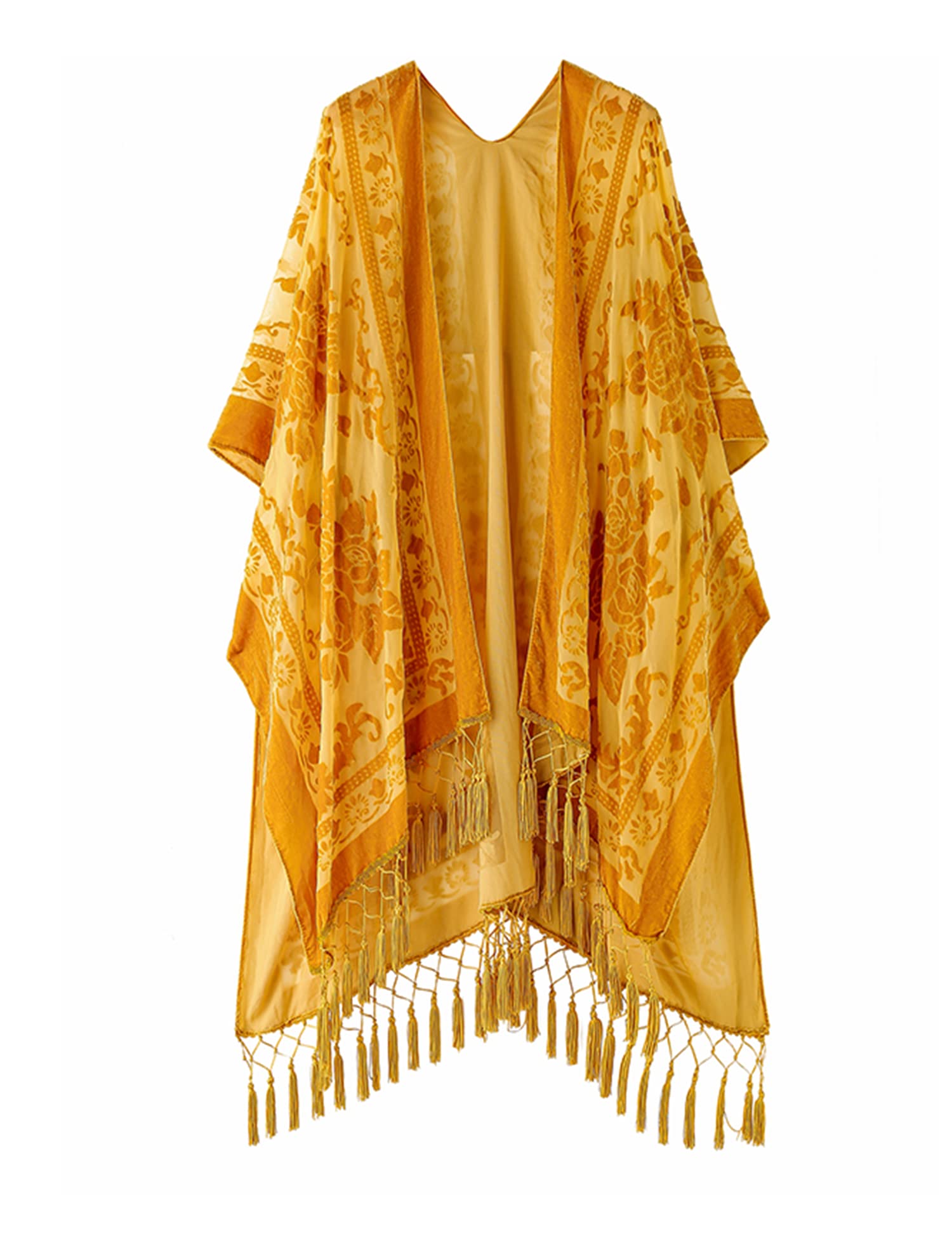 MJ SERECA Cárdigan Kimono Largo de Terciopelo Burnout para Mujer con Pompón